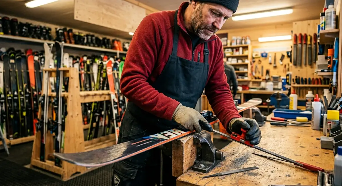 Un homme affûte un ski dans un atelier, entouré d'autres skis et d'outils.
