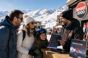 Famille souriante discutant avec un employé Sport 2000 devant une station de ski, montagnes enneigées en arrière-plan.